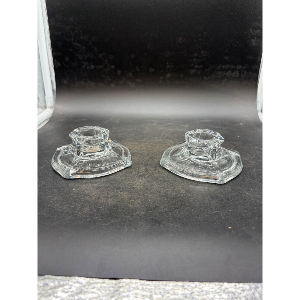 Vintage Clear Pressed Glass Taper Candle Holders Set of 2 Hexagon Scalloped Base